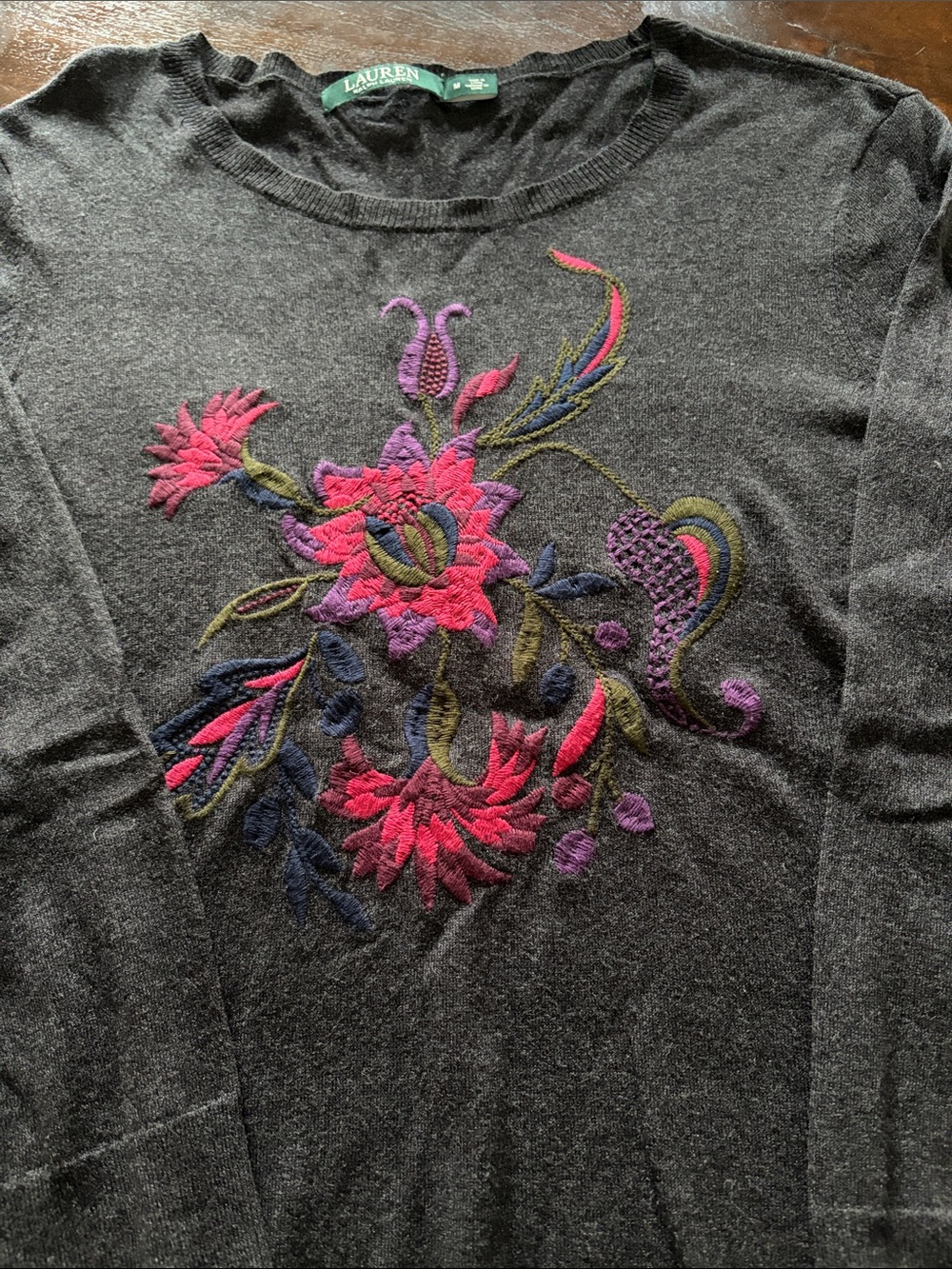 Lauren Ralph Lauren Black Embroidered Floral Crewneck Sweater